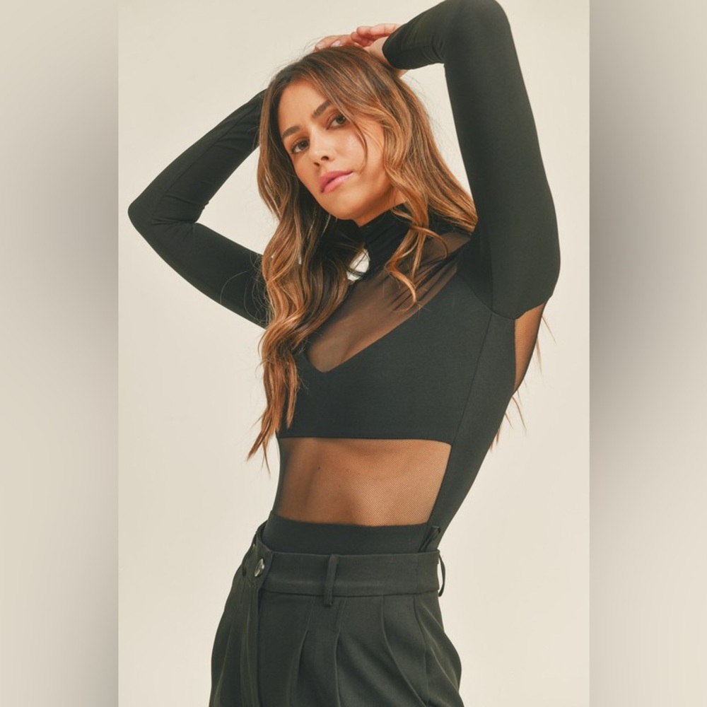 159. Last 2! Mable COST 🛑Mesh Bodysuit Black Mock Neck With Back zipper - Picture 2 of 4